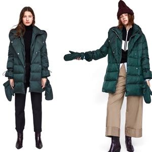 Zara Green Down Long Hooded Puffer Coat w Mittens